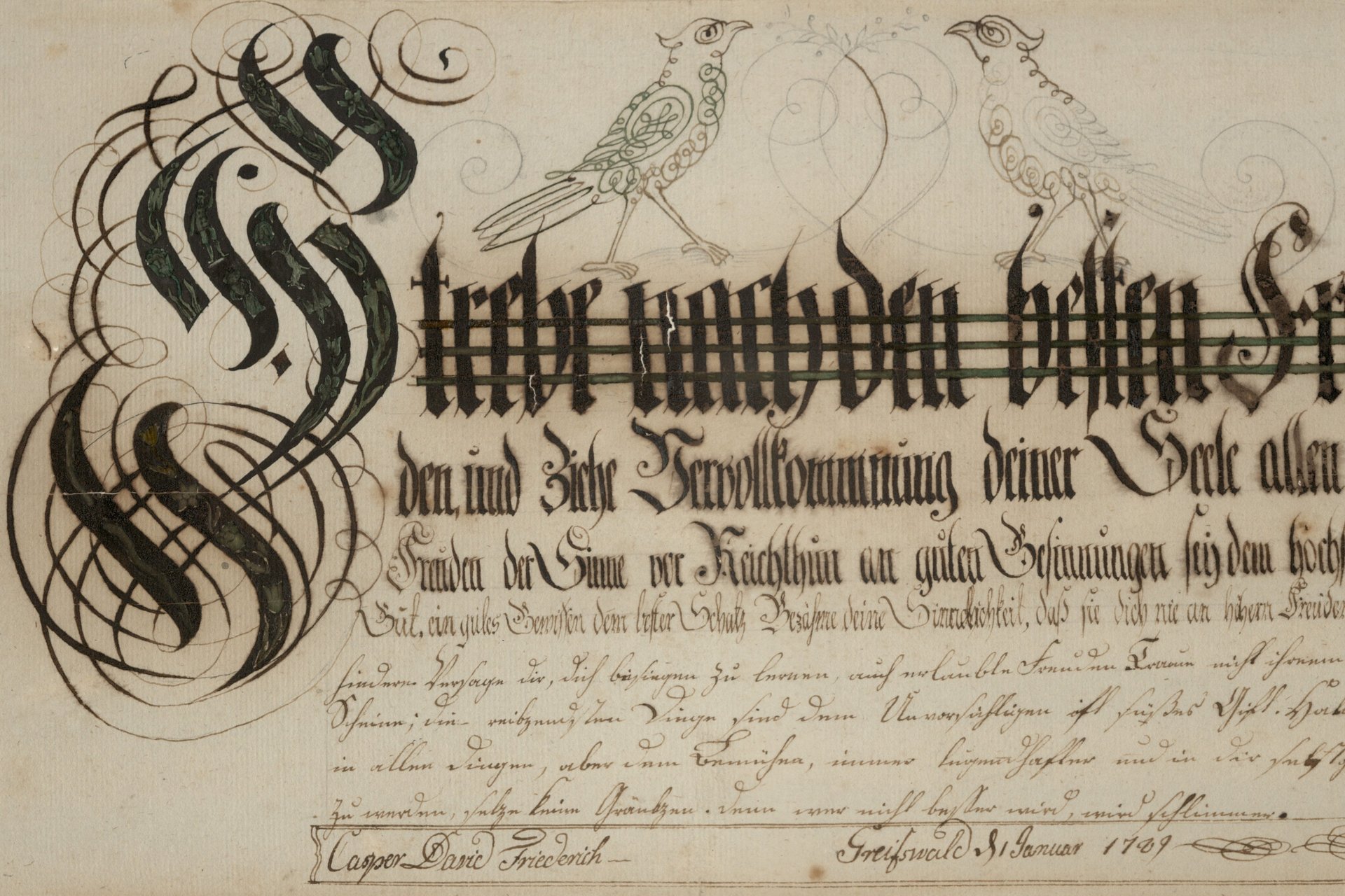 Caspar David Friedrich, kaligrafia „Strebe nach den besten Freuden (...)“, 1789, piórko na papierze czerpanym, Pommersches Landesmuseum