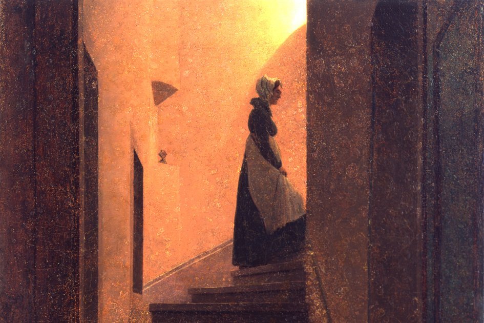Gemälde eines Treppenaufgangs, den eine Frau nach rechts oben hinaufsteigt, in Richtung einer Lichtsquelle.