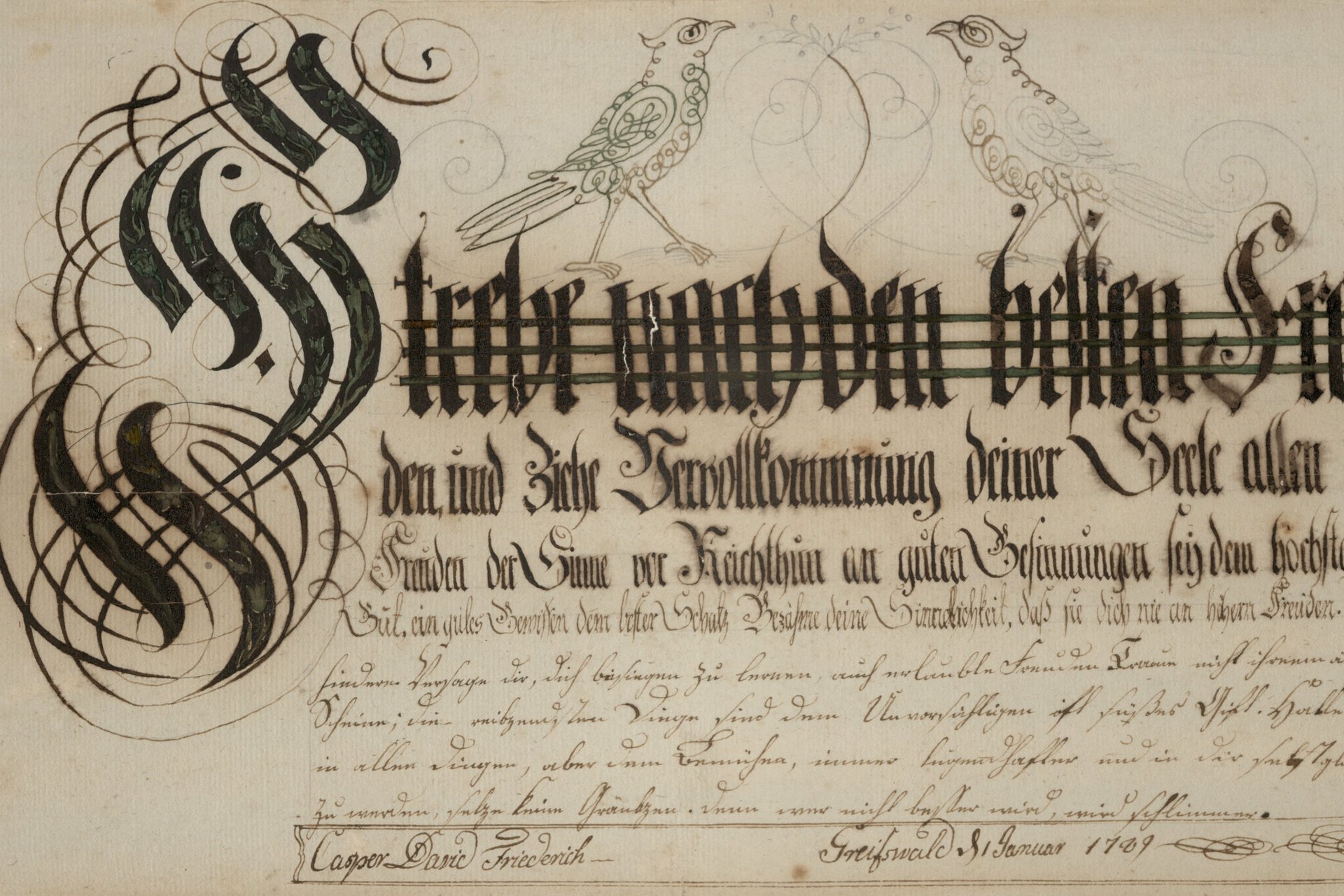 Caspar David Friedrich, Schriftblatt „Strebe nach den besten Freuden (...)“, 1789, Feder auf Bütten, Pommersches Landesmuseum
