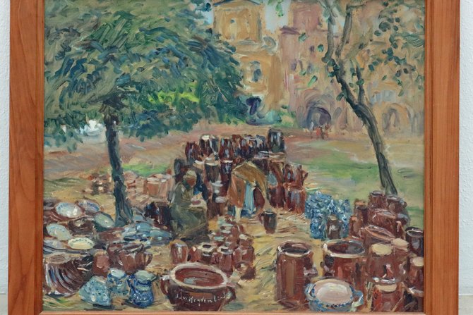 Ilse von Heyden-Linden, Targ ceramiki w Bolesławcu, olej na płycie pilśniowej, przycięty, ok. 1931/32 (1934) roku.