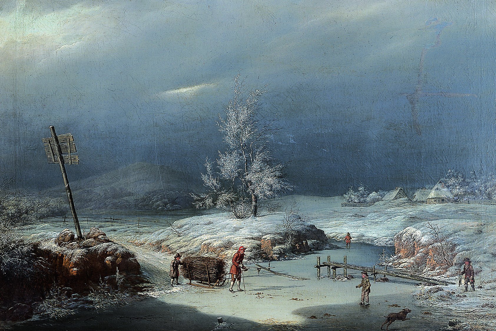 Gemälde mit winterlicher Landschaft mit Bäumen, einem zugefrohrenem See und Personen mit Schlitten im Vordergrund