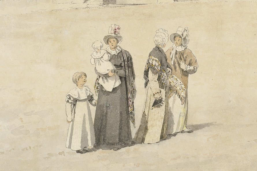Aquarellbild drei stehender Frauen mit Hauben. Die linke hält ein Kind auf dem Arm und wird von einem weiteren Kind in weiß flankiert.