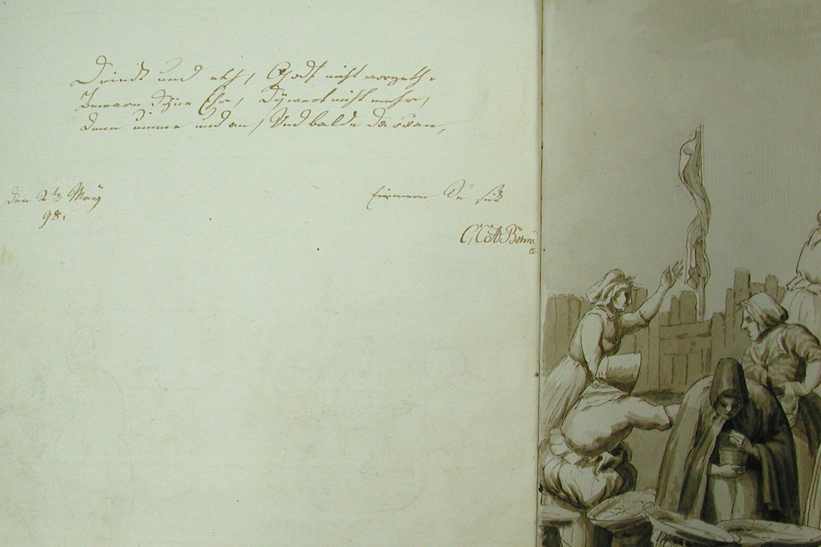 Foto einer aufgeschlagenen Buchseite. Links beschriftet, die rechte angeschnittene Seite zeigt vier gezeichnete Frauen mit hauben vor einem Holzzaun, zwei sitzend, zwei Stehend miteinander diskutierend.