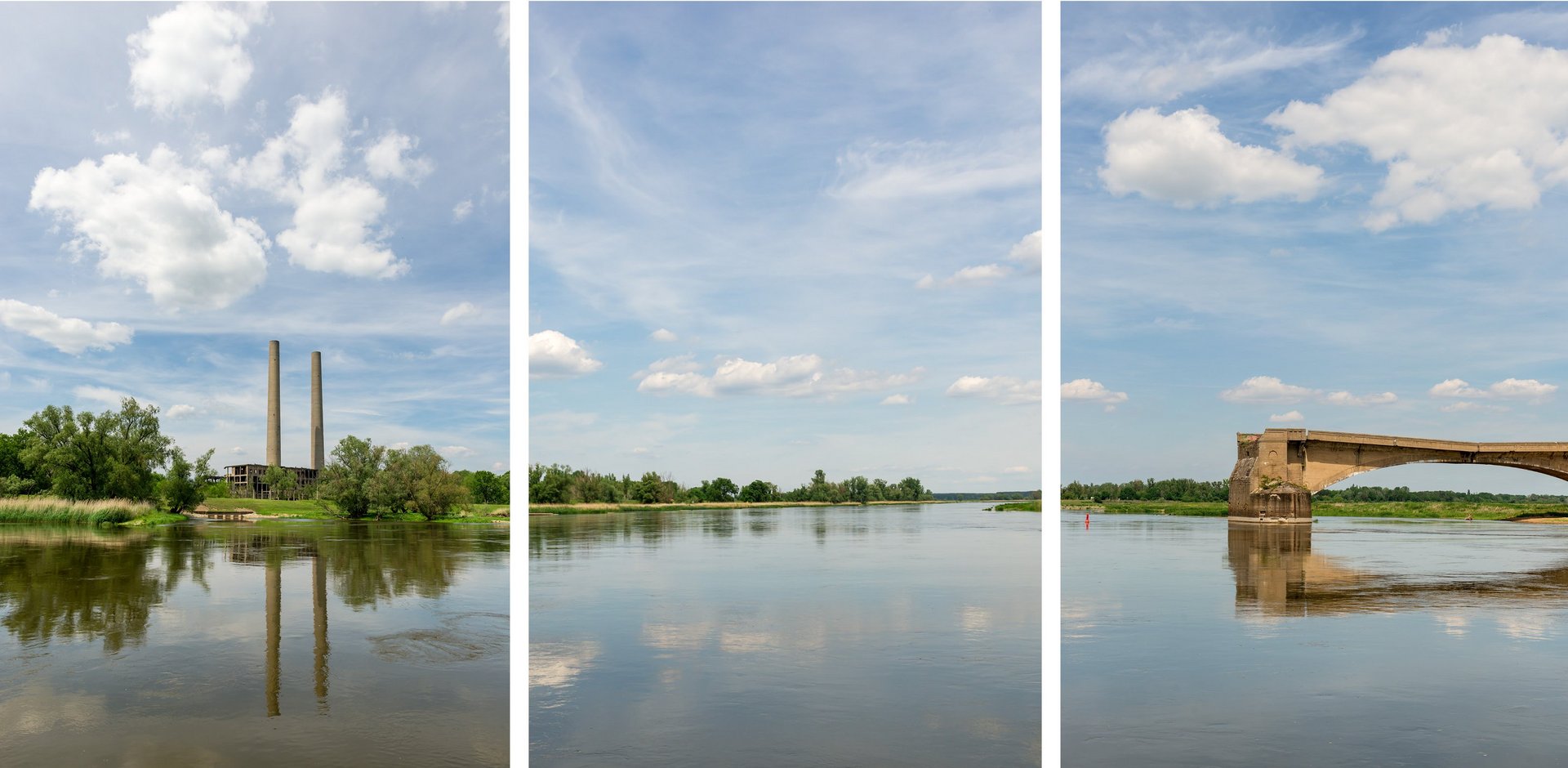 Eine Flussansicht, zusammengesetzt aus zahlreichen einzelnen Fotos. Rechts ist ein Rest der zerstörten Brücke von Kloppitz/Kłopot zu sehen.