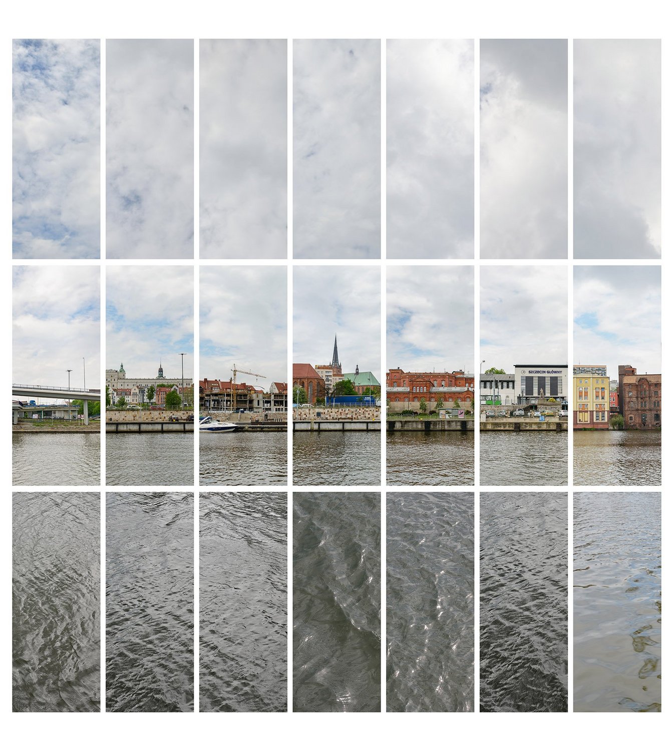 Eine Flussansicht, zusammengesetzt aus zahlreichen einzelnen Fotos. Im Hintergrund sind Gebäude der Stadtsilhouette Stettins zu sehen.