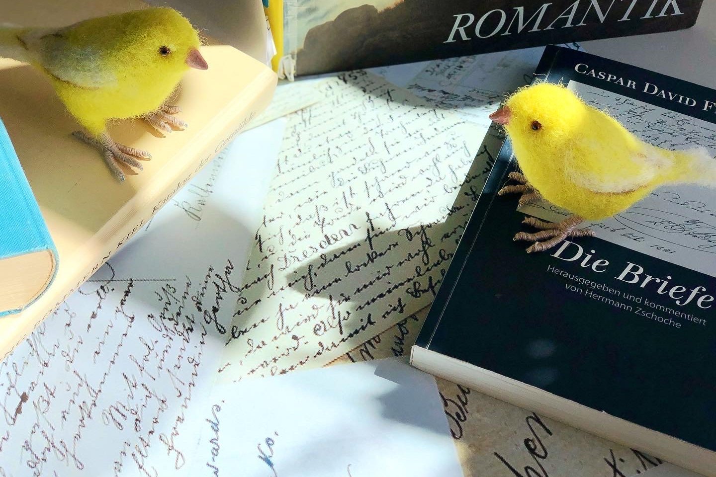 Zwei kleine gelbe Filz-Kanarienvögel sitzen auf Kopien von Briefen Friedrichs und Publikationen dazu.