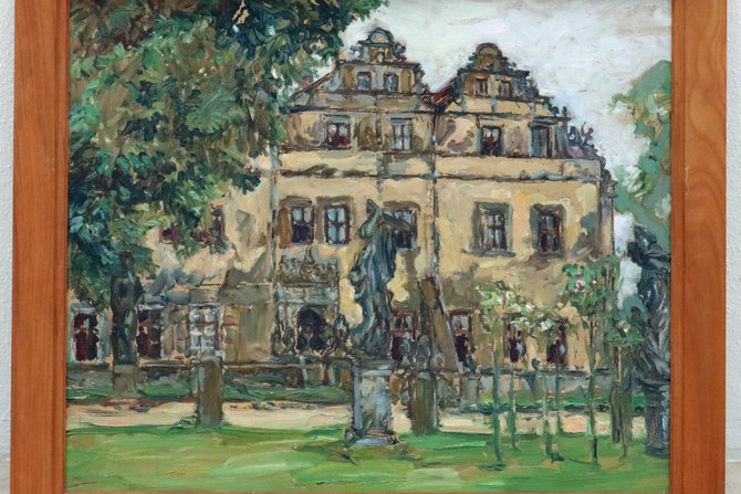 Ilse von Heyden-Linden, Schloss Gießmannsdorf, Öl auf Hartfaserplatte, beschnitten, um 1931/32 (1934)