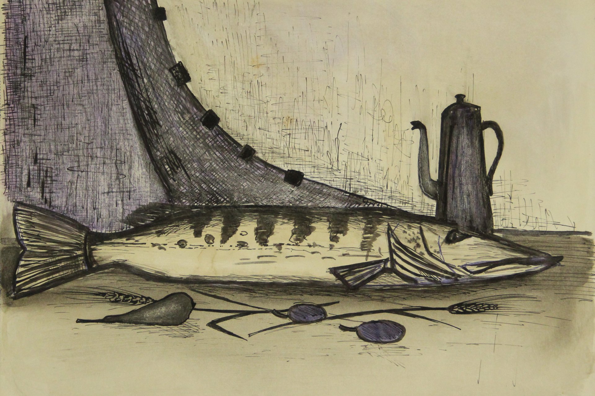 Ernst Schroeder (1928–1989), Fisch und Kanne. Kopierstift, Tinte, Kugelschreiber und Tusche auf Papier, 1952/58
