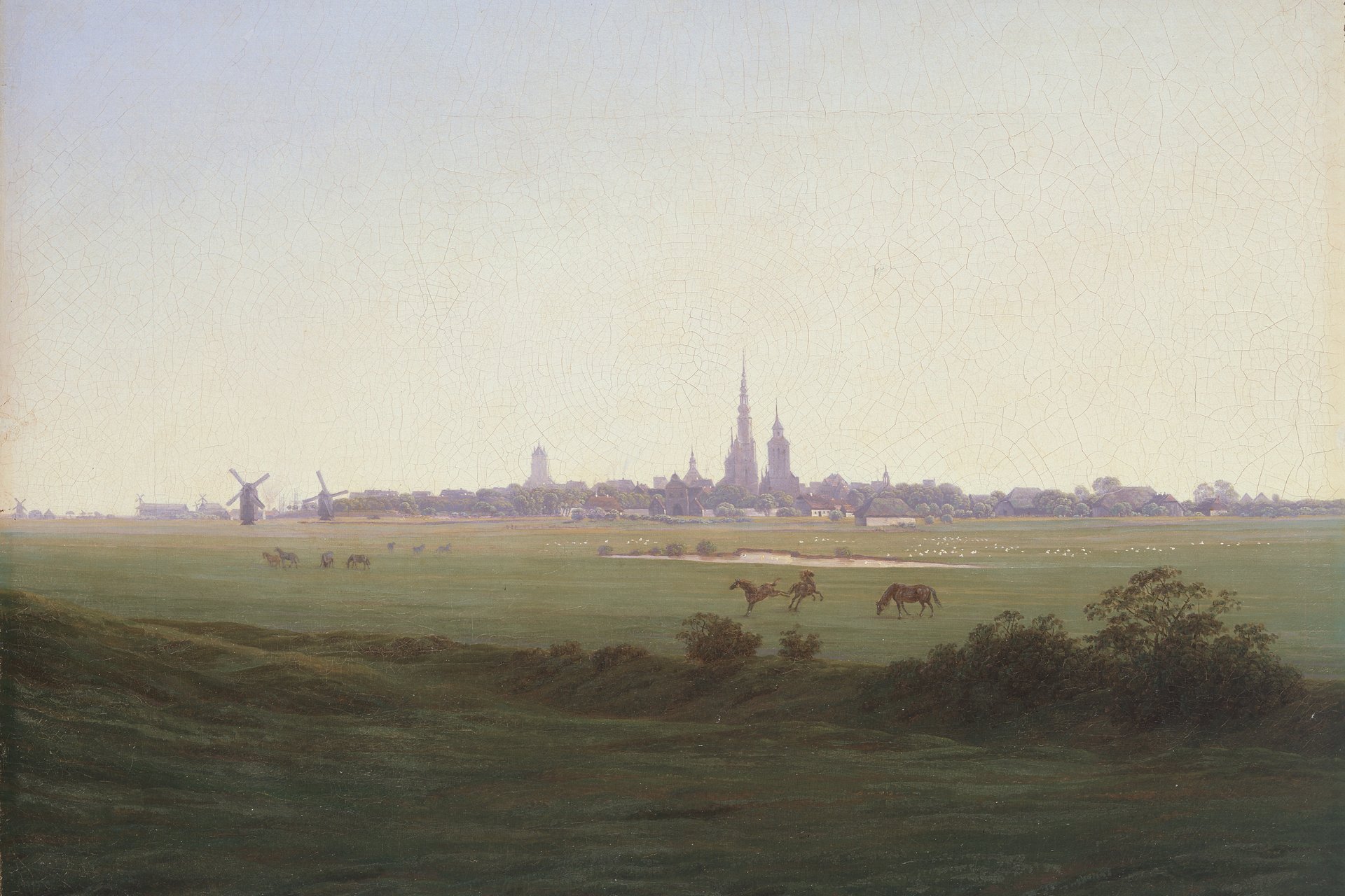 Gemälde: Obere Hälfte hellblauer Himmel, untere Hälfte Wiesen mit Gebüsch und Pferden. In der Bildmitte der Horizont mit Stadtansicht von Greifswald.