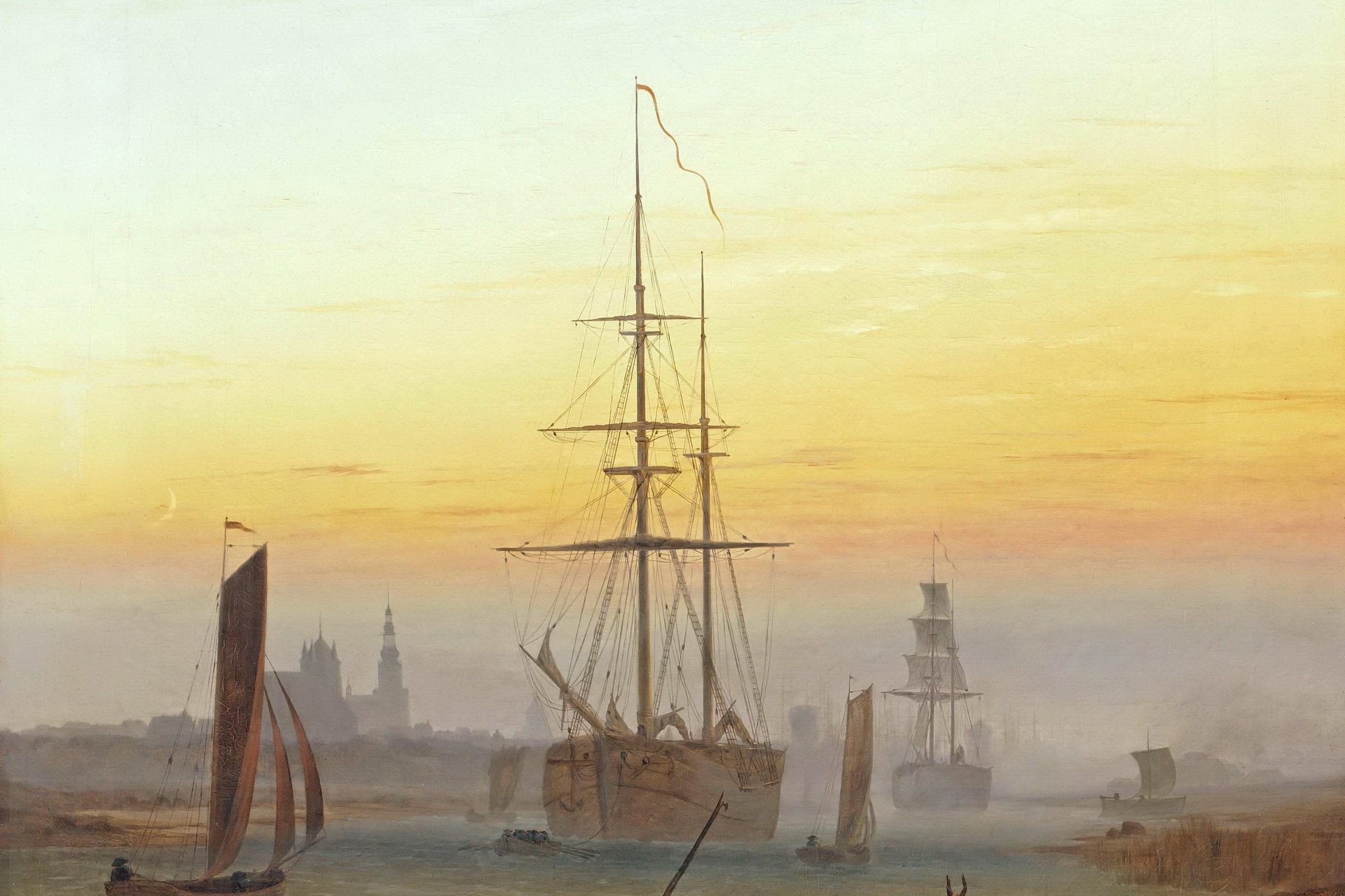 Gemälde: Obere Bildhälfte gold-blauer Himmel, ind er Bildmitte die Stadtsilhouette Greifswalds in der Ferne, davor Segelschiffe auf einem Fluss. Im dunkleren Vordergrund mittig eine Person mit Hut, nach links gehend.