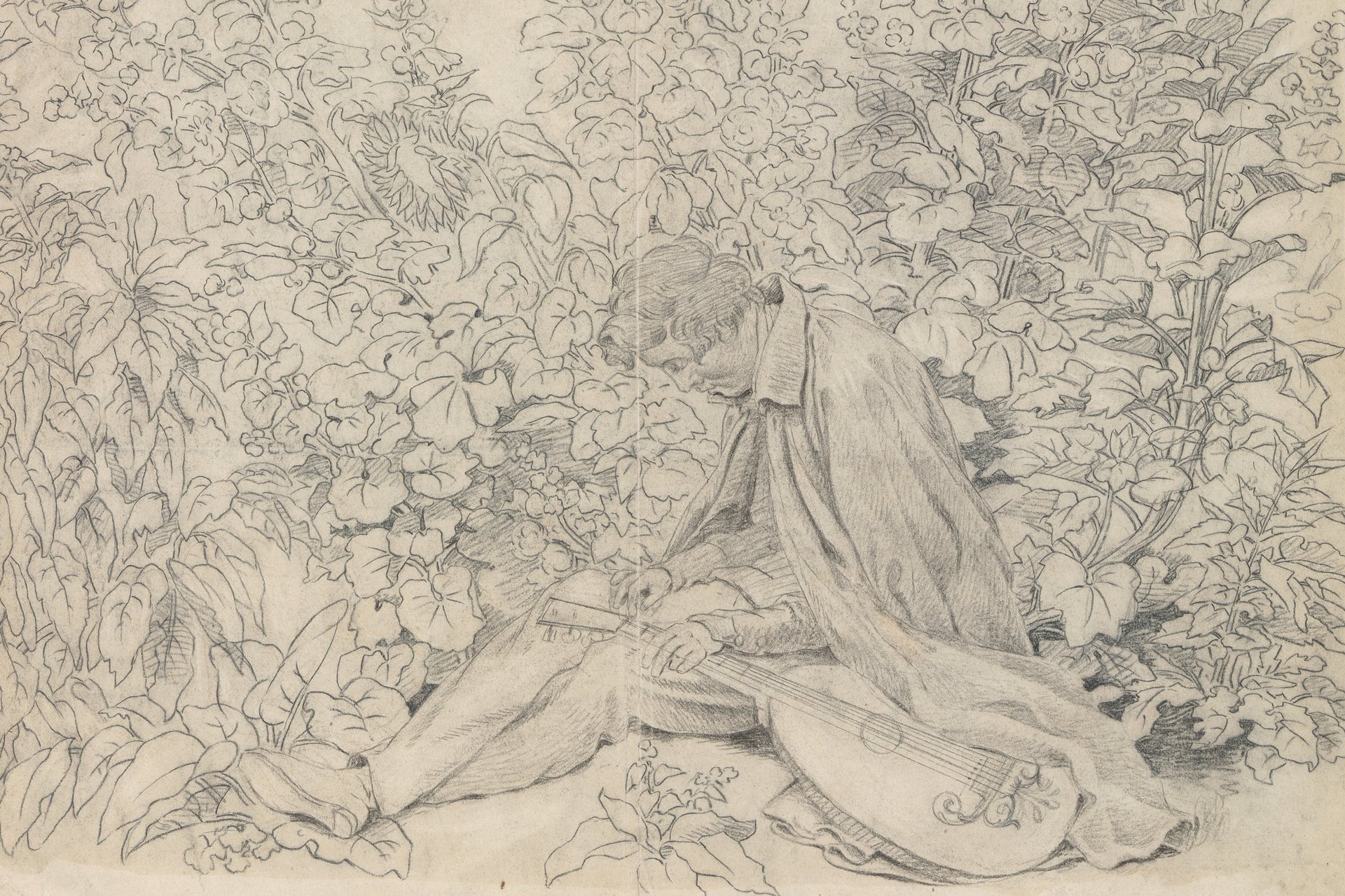 Zeichnung eines auf dem Boden sitzenden Mannes mit Laute neben sich im Gebüsch. Darüber zum Himmel aufsteigende Engel.