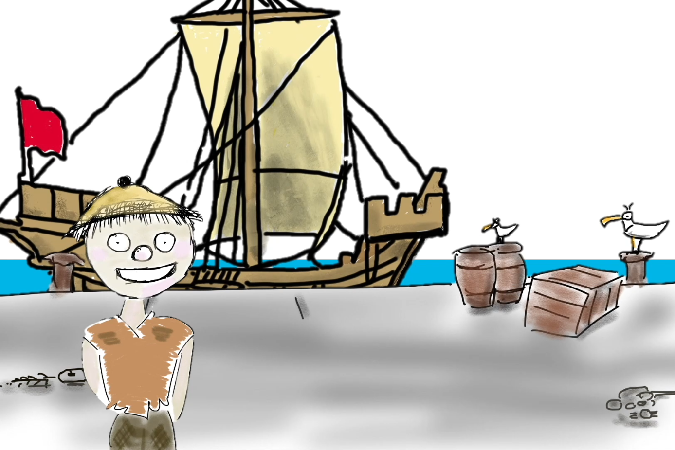 Trickfilm: Schiffsjunge Enno steht vor einer mittelalterlichen Kogge, daneben sitzen Möwen.