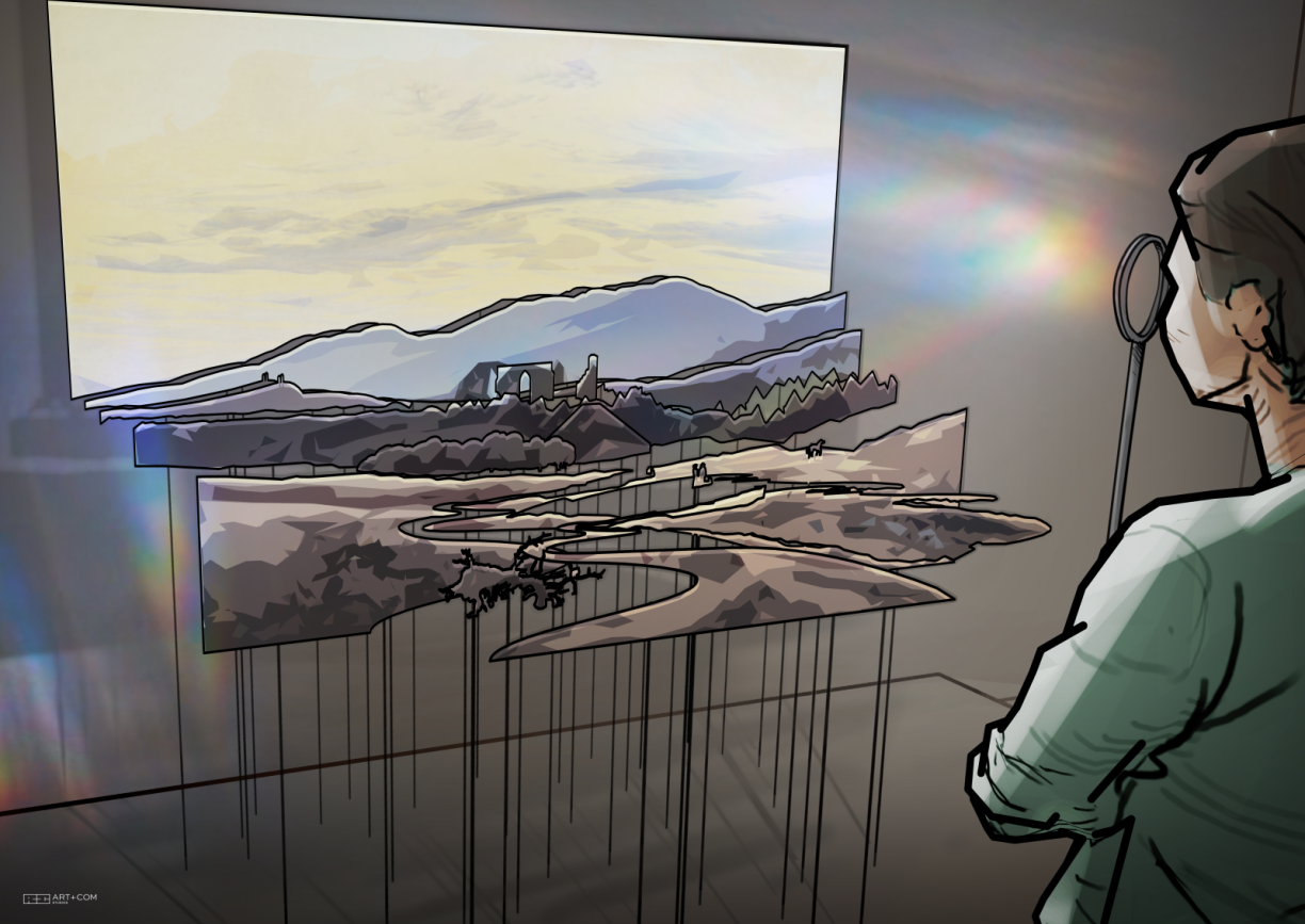 Illustration: verschiedene Landschaftselemente setzen sich zum Gemälde "Ruine Eldena im Riesengebirge" zusammen, von einer Person betrachtet.